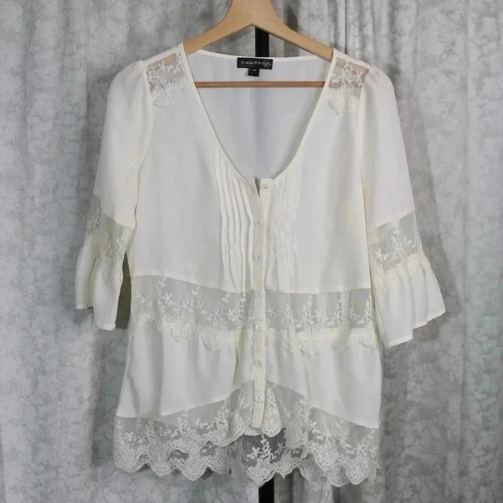 Vintage Rampage Cream and white lace blouse with button-up front ruffle sleeves